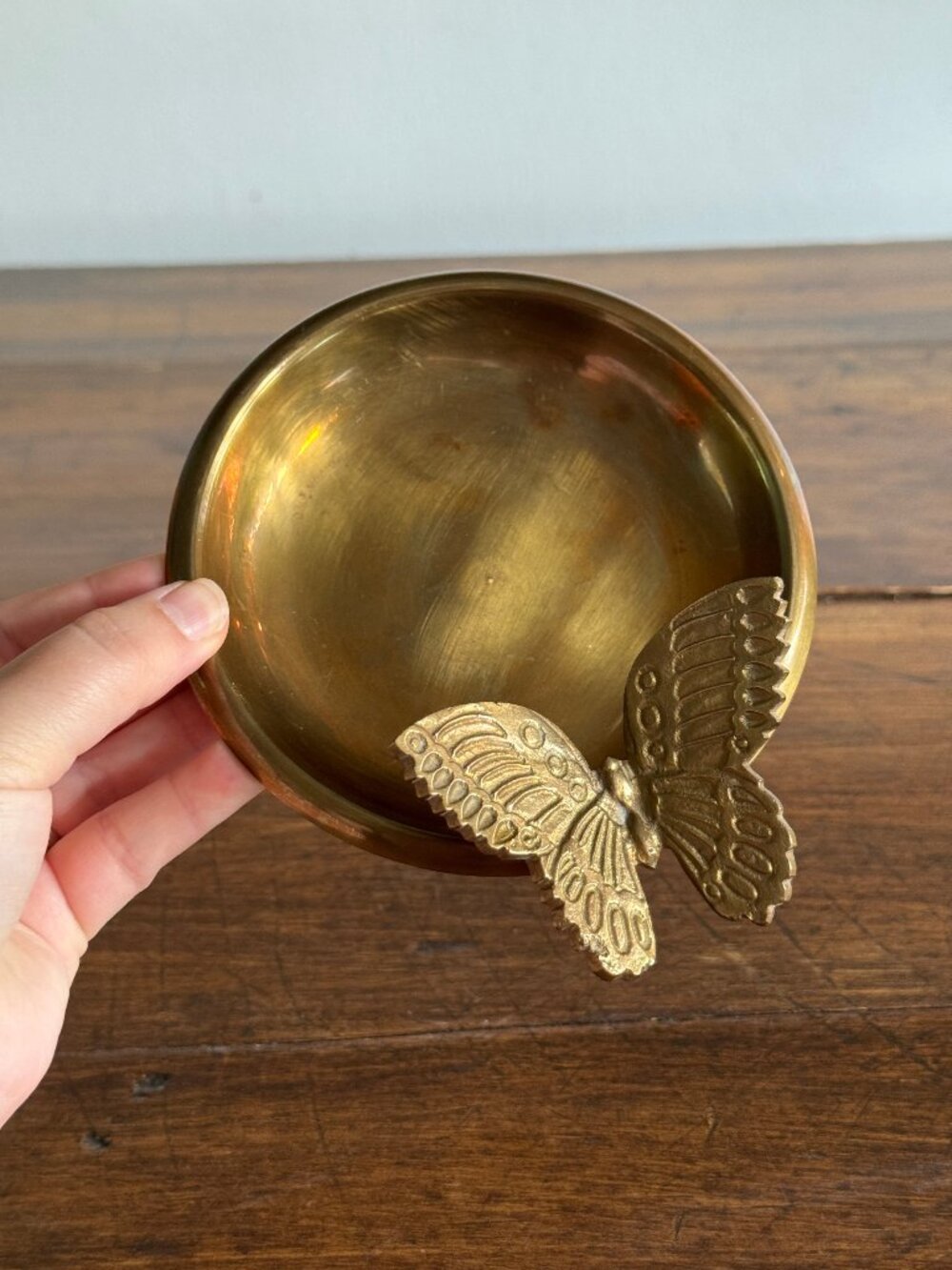 Vintage Brass Shallow Bowl with 3D Butterfly Embellishment - Brass Dish